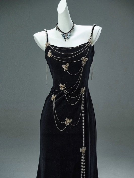 Elegant Mermaid Spaghetti Strap Black Velvet With Beaded Date Night Outfits Semi Formal Prom Gown Evening Dresses RB5531