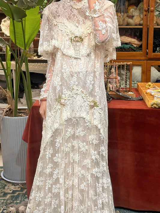 Vintage Wedding Dresses A line High Neck With Sleeves Long Summer Garden Wedding Dress N4115