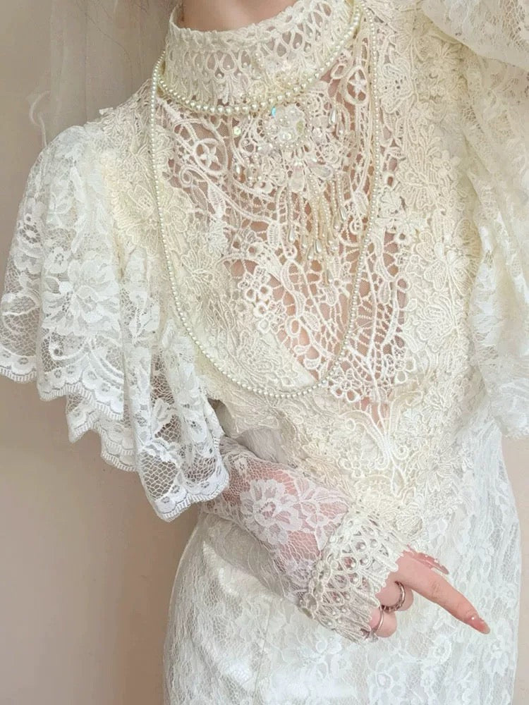Vintage Wedding Dresses Mermaid High Neck With Sleeves Long Summer Garden Wedding Dress N4117