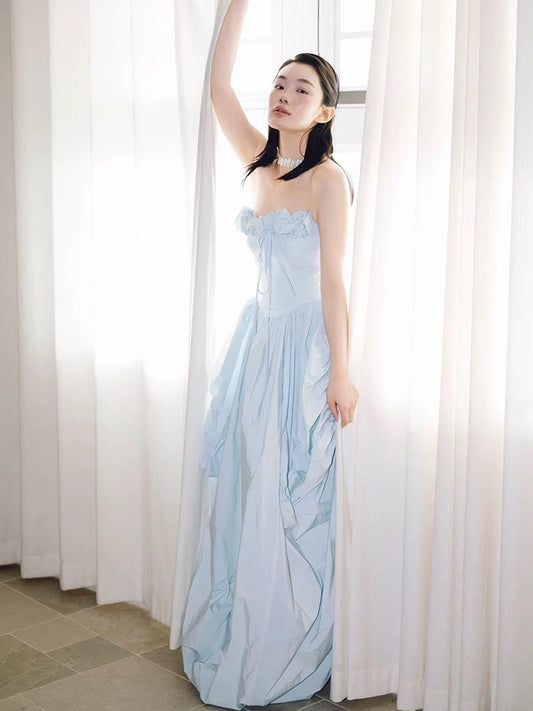 Cute A Line Strapless Light Sky Blue Satin 18th Birthday Elegant Outfit Formal Prom Dresses N4119