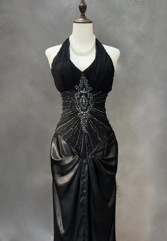 Glamour Prom Dresses Mermaid Halter Black Tie With Silver Beading Formal Evening Outfits N3840