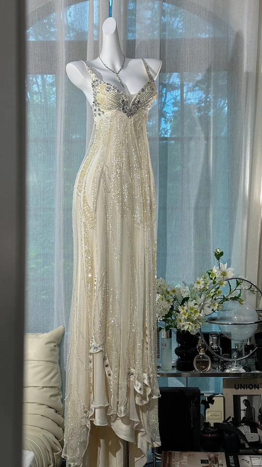 Charming Prom Dresses Mermaid Spaghetti Strap Champagne Chiffon Floor Length Evening Outfits N3584