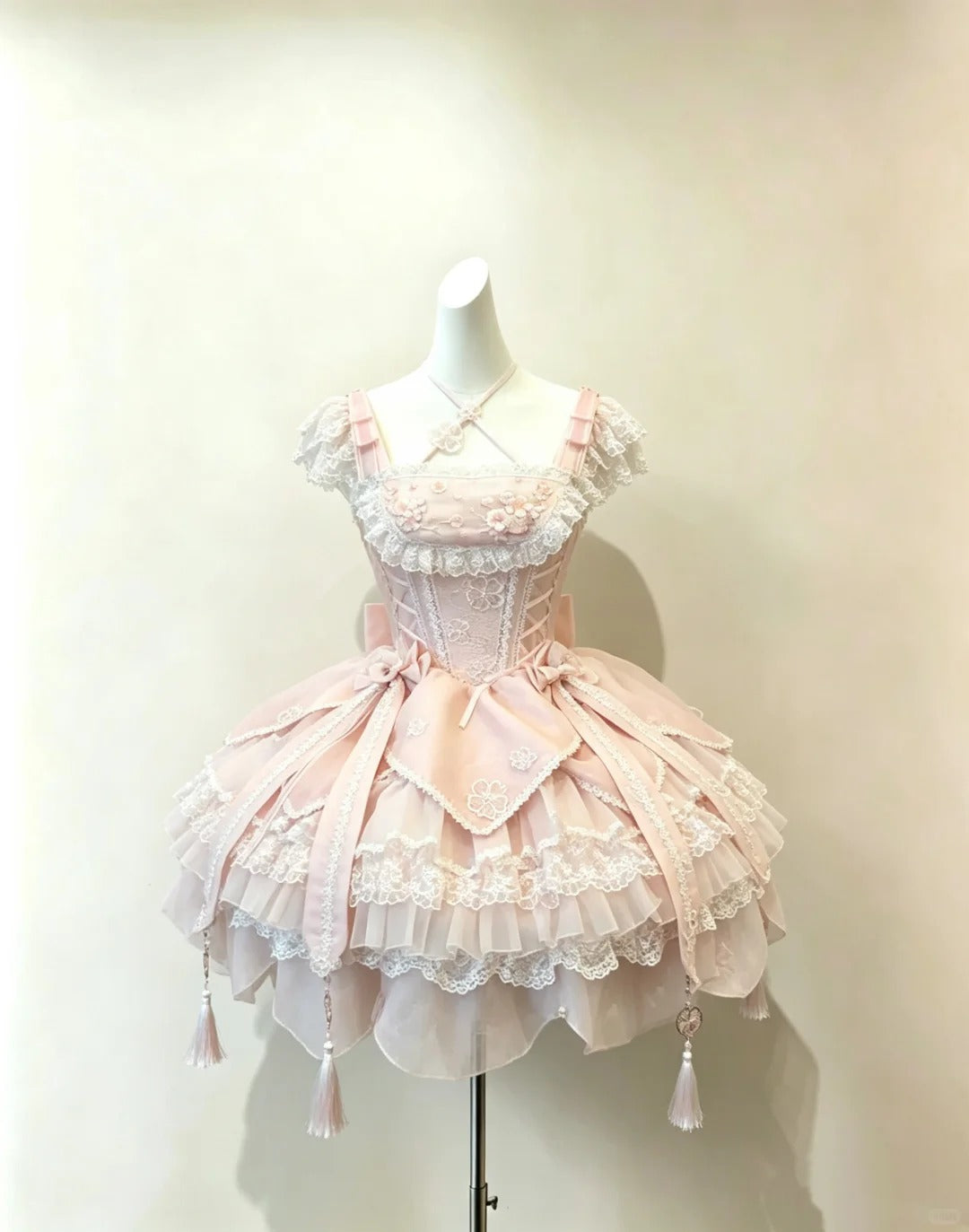 Süßes Ballkleid Eckiger Ausschnitt Zartrosa Spitze Mit Schleife Lolita-Kleid Homecoming-Kleider Cocktail Hoco Outfits RB4683