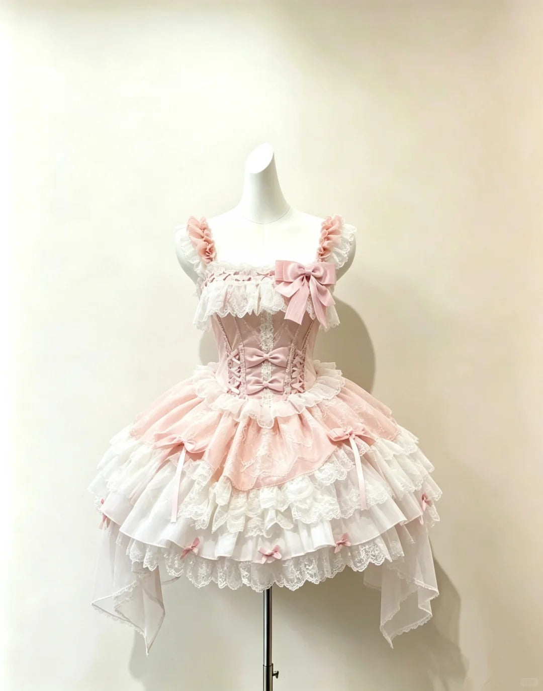 Robe Lolita de Soirée Rose et Blanche en Dentelle avec Nœud, Col Carré, pour Bal de Promo, Cocktail, Tenues de Soirée Hoco RB4679