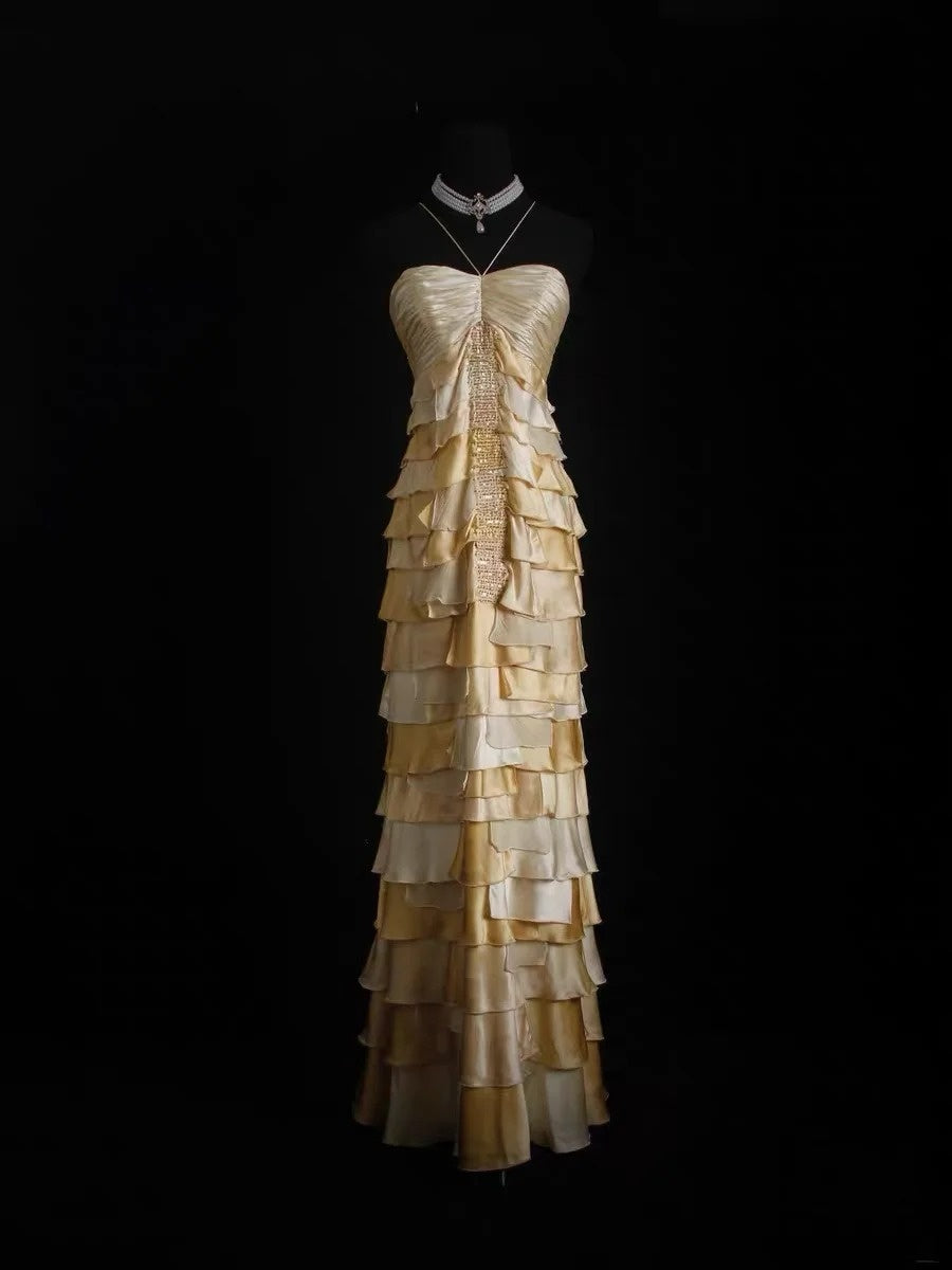 Vintage-Abendkleider im A-Linien-Stil, gelb mit Neckholder und gestuftem Oberteil, Inspiration für formelle Partykleider N164