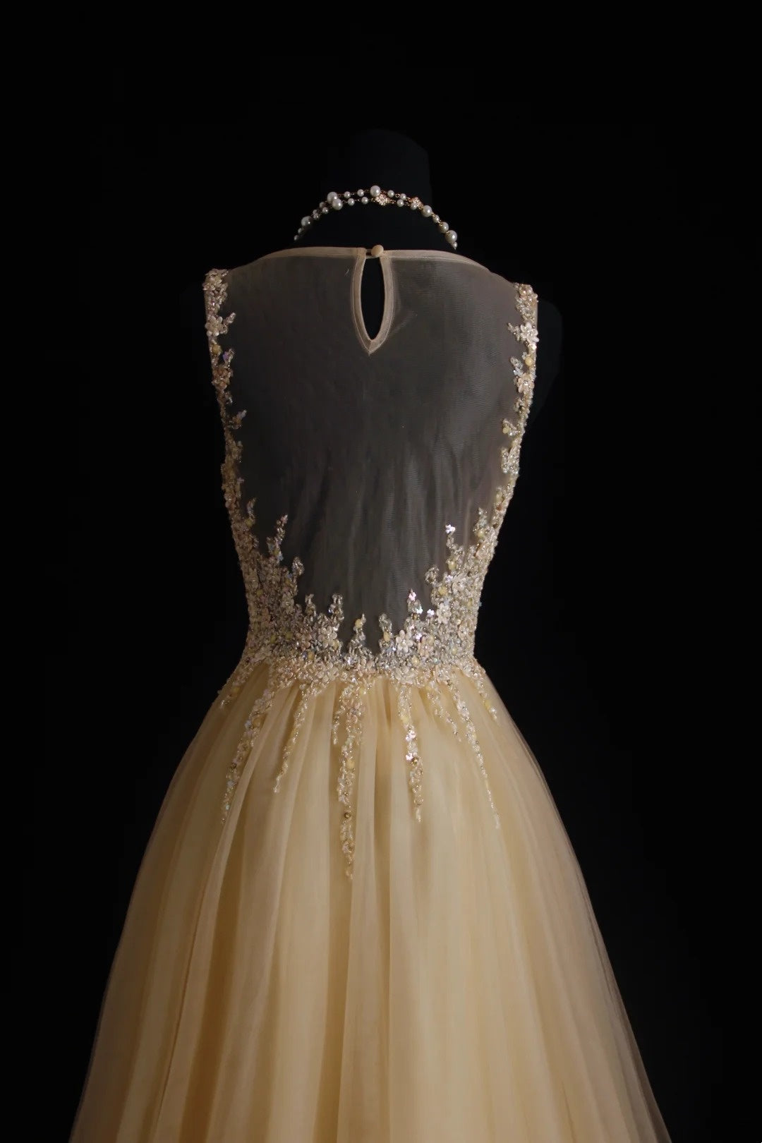 Vintage-Abendkleider, ästhetisches A-Linien-Kleid mit Rundhalsausschnitt, champagnerfarbenem Tüll und perlenbesetztem Oberteil, Inspiration für formelle Partykleider N170