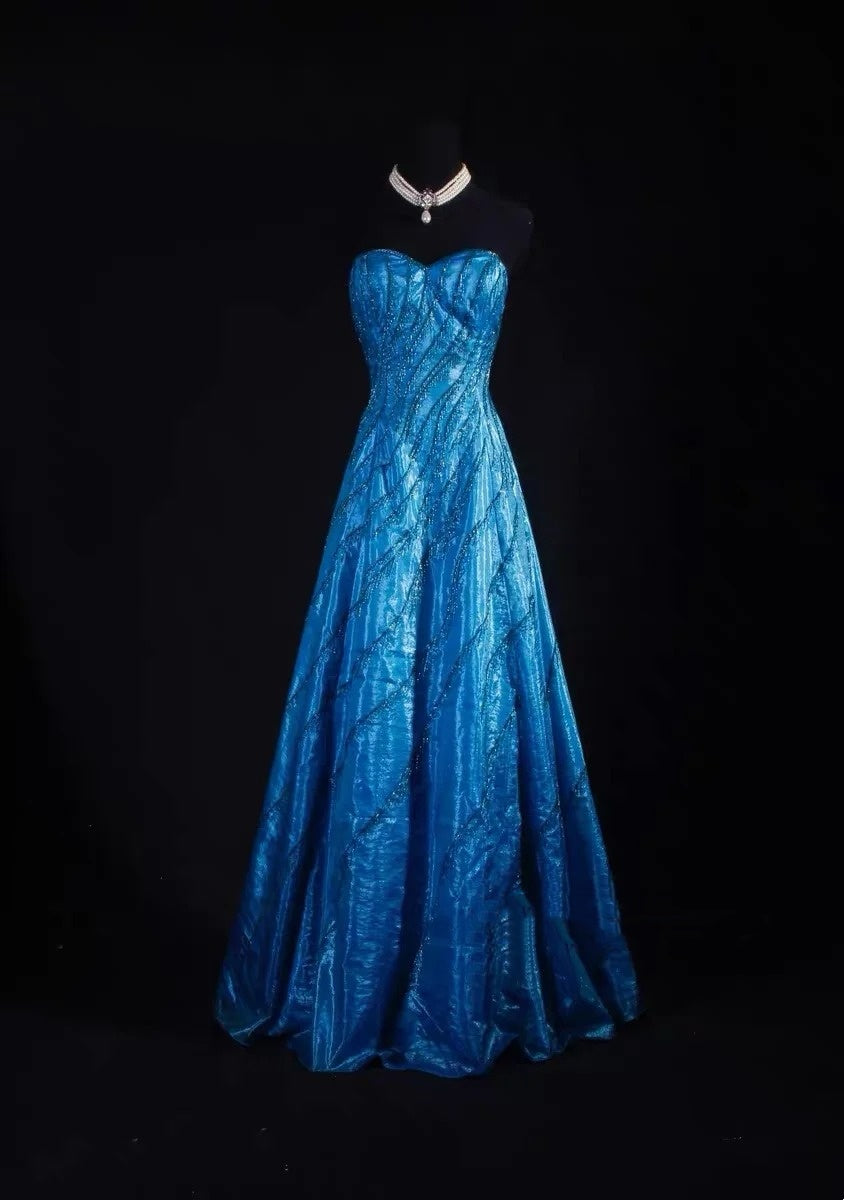 Vintage A-Linien-Abendkleid in Königsblau mit Perlenstickerei und herzförmigem Ausschnitt – Inspiration für formelle Partys und Abschlussbälle (Modell N192)