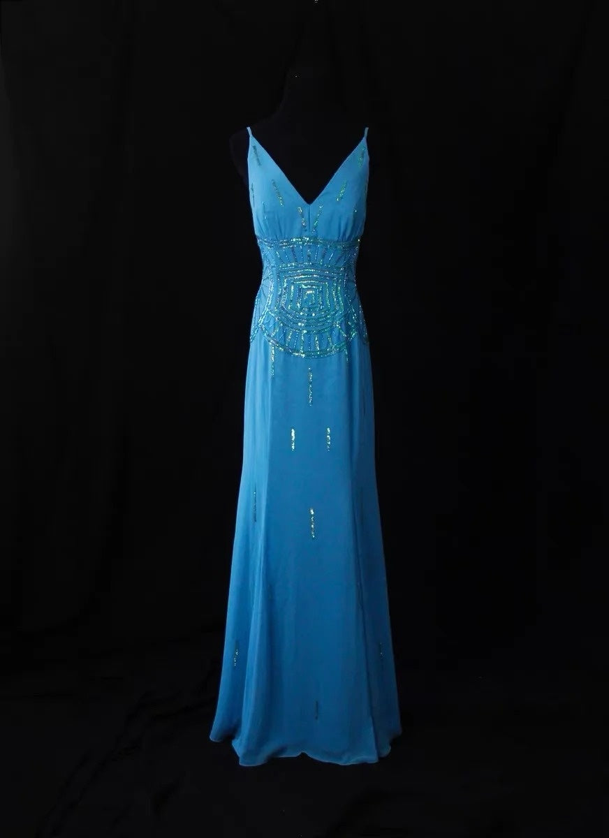 Robe de bal longue vintage en mousseline bleue à fines bretelles et coupe trapèze, inspiration robe de soirée formelle robe de bal N190