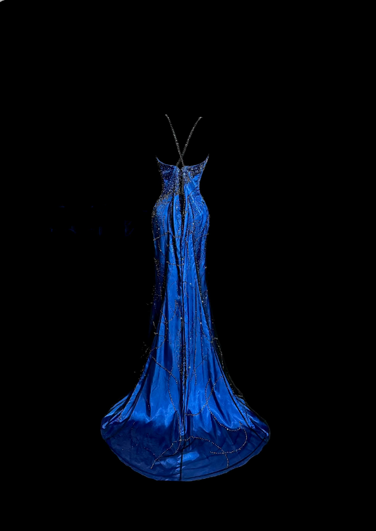 Unique Prom Dresses Mermaid Spaghetti Strap Royal Blue Sleeveless With Beading Semi Formal Evening Dress N3793