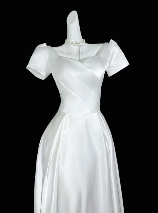 Charming A line Sweetheart White With Sleeves Satin Summer 20th Birthday Elegant Outfit Wedding Guest Dresses N4300