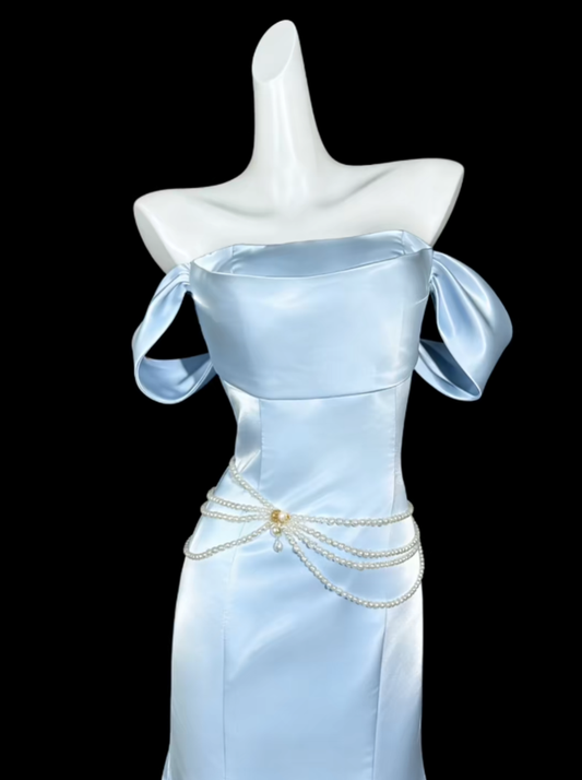 Cute Mermaid Off The Shoulder Blue With Sleeves Summer Birthday Elegant Outfit Wedding Guest Dresses N4321