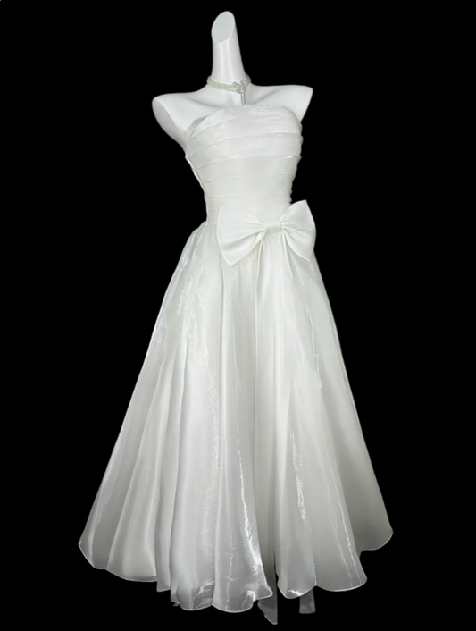 Modest Ball Gown Strapless White Tea Length Evening Dresses Night Date Prom Dress For Women N4393