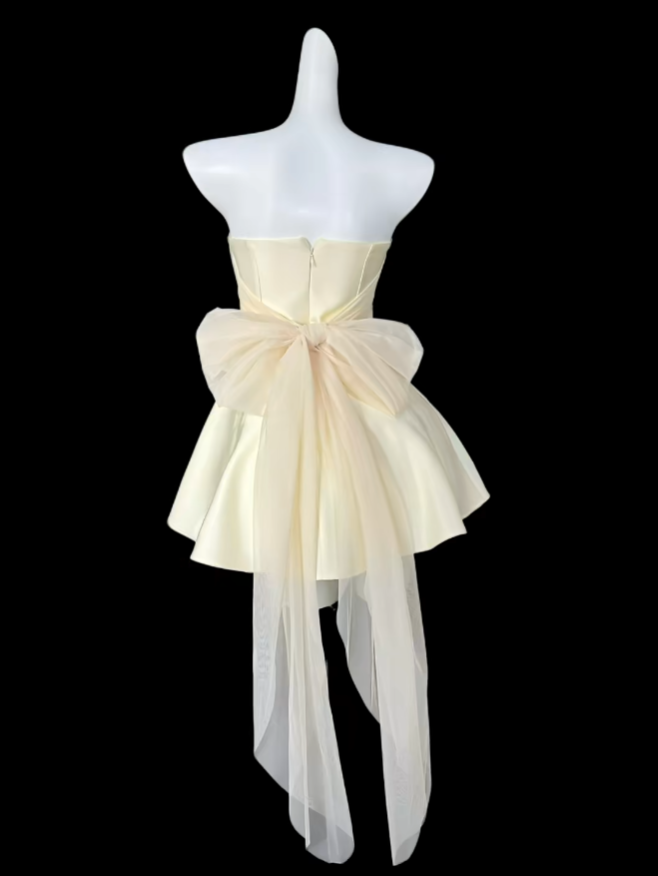 Elegantes Ballkleid, trägerlos, hellgelb, kurz, Mini-Partykleid, Cocktailkleid, Heimkehrkleid N4406