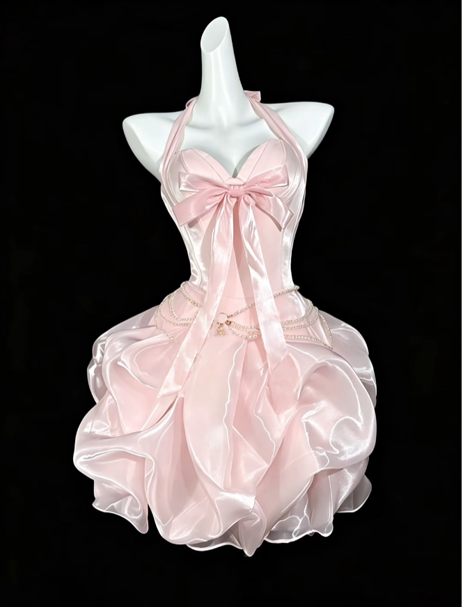 Belles Robes Courtes Rose Clair Halter de Soirée Cocktail Bal de Promo N4407