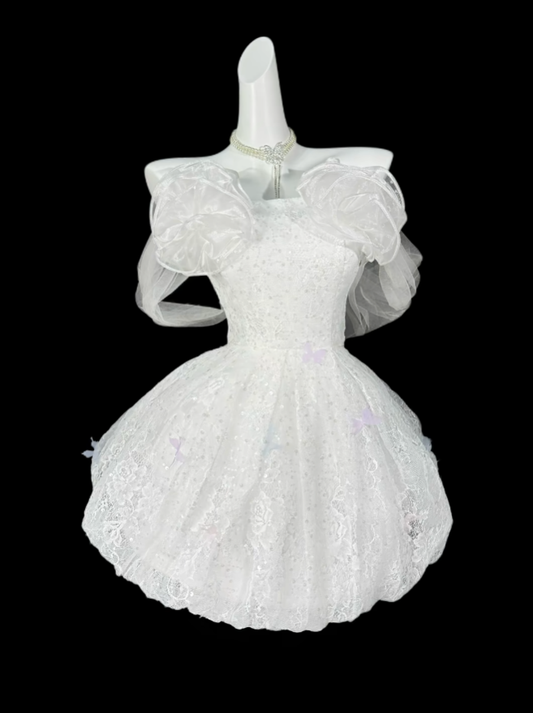 Unique Ball Gowns Off The Shoulder White Lace Short Mini Party Graduation Homecoming Dresses N4415