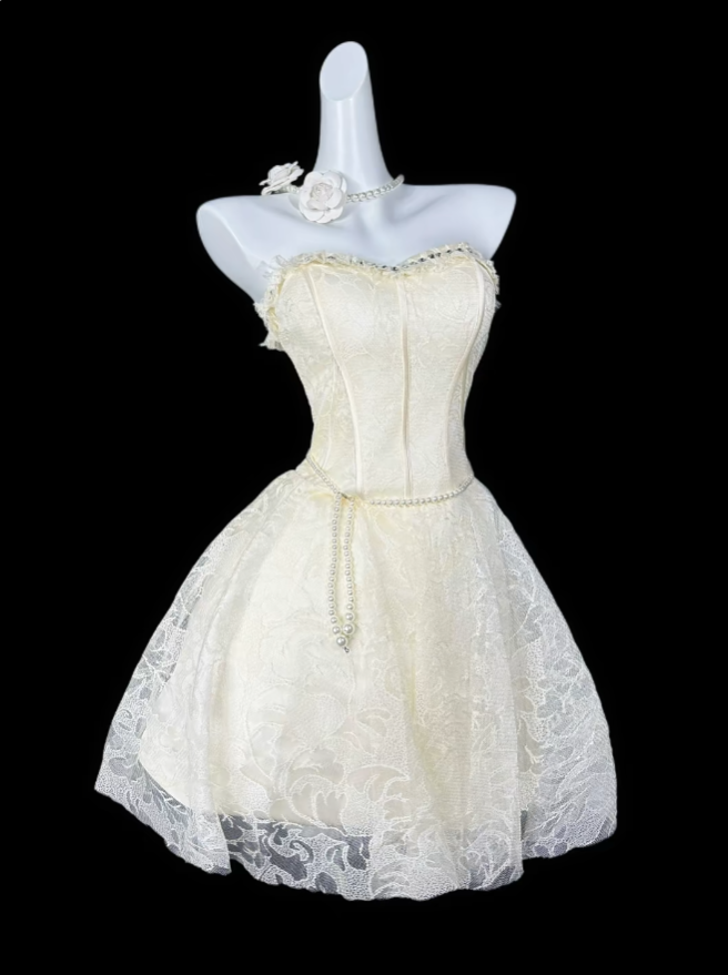 Süßes Ballkleid Sweetheart Hellgelb Spitze Party Cocktail Heimkehr Kleider N4416
