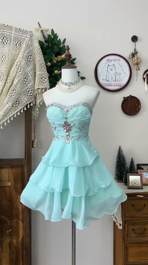 Süßes Ballkleid Sweetheart Blau Chiffon Mit Perlen Abschlussfeier Kurze Formelle Abschlussball-Inspo Homecoming Kleider N4578