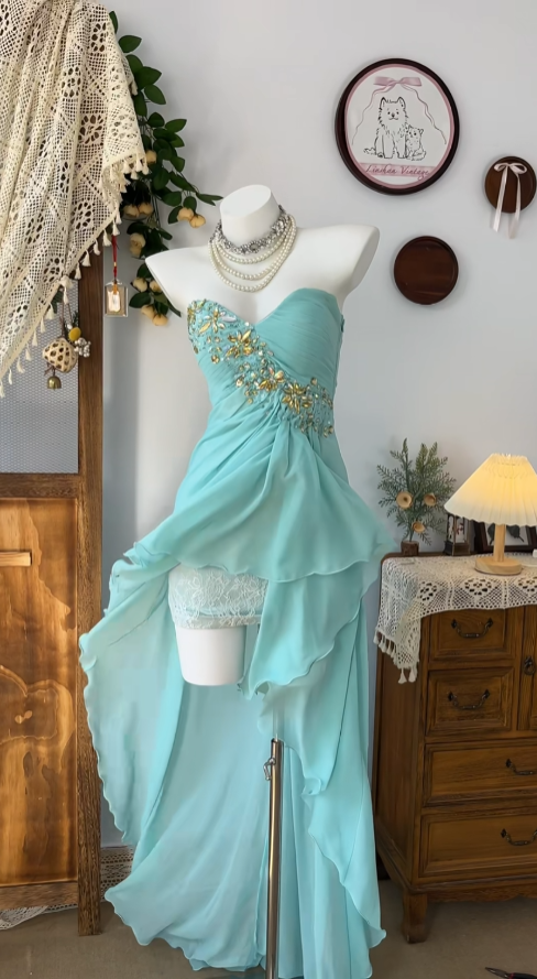 Niedliche High-Low-Sweetheart-Tiffany-Blau-Chiffon-Abschlussballkleider für den Abschluss/Heimkehr N4601