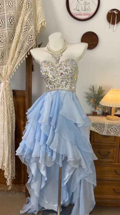 Glamorous High Low Sweetheart Blue Chiffon Senior Formal Graduation Inspo Prom Homecoming Dresses N4623