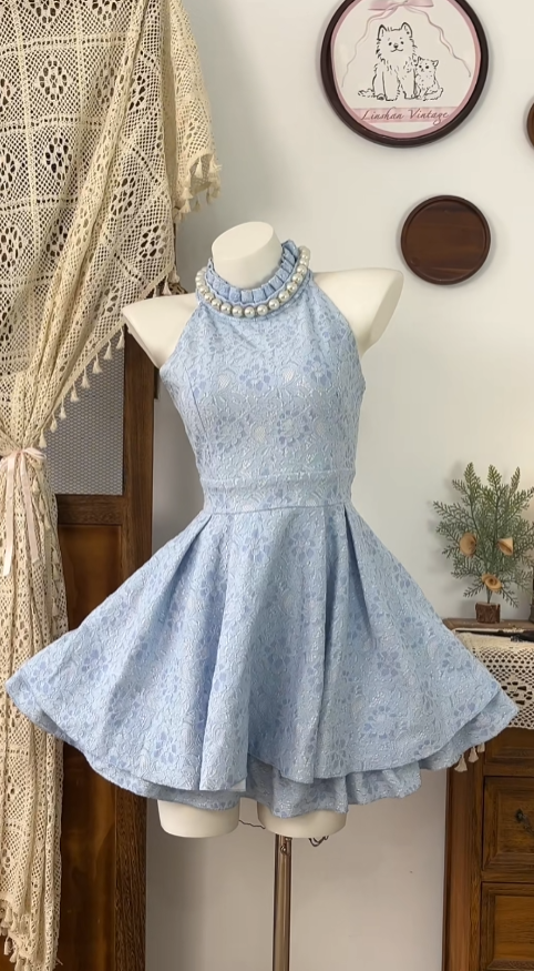 Lovely Ball Gowns Halter Dusty Blue Mini Senior Short Graduation High School Homecoming Dresses N4627