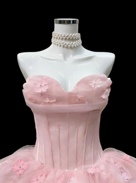 Pretty Ball Gown Sweetheart Pink Tulle With Flowers Senior Inspo Graduation High School Homecoming Dresses N4645