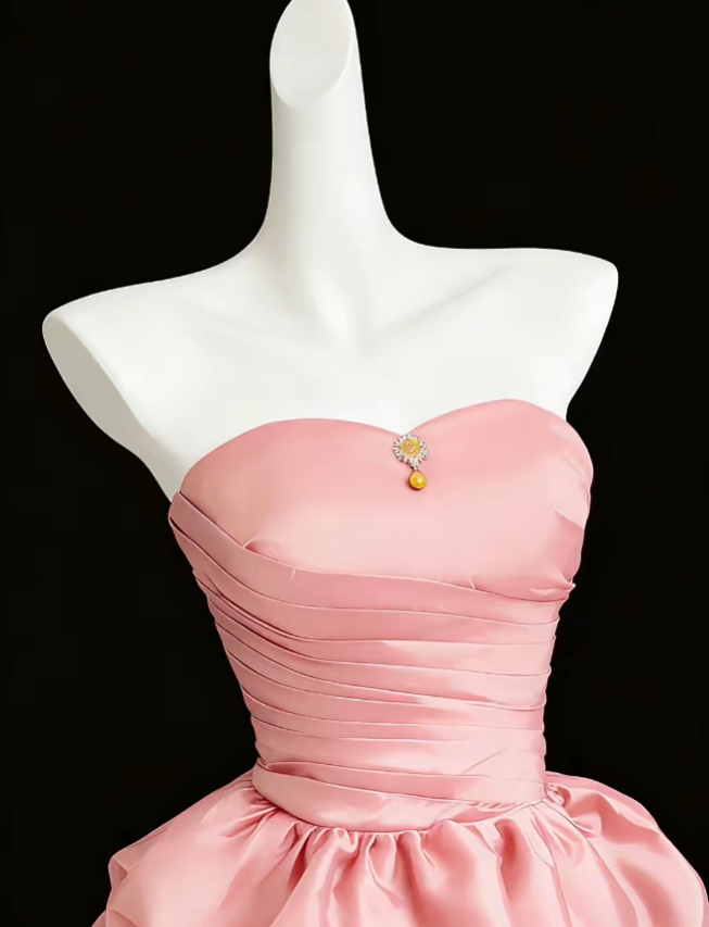 Jolie robe de bal bustier en satin rose, inspiration senior, pour la remise des diplômes du lycée, courtes robes de rentrée N4652
