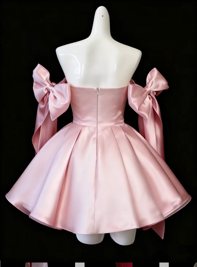 Hübsches Ballkleid Trägerlos Pink Satin Mit Schleife Senior Inspo Abschlussball High School Kurze Homecoming-Kleider N4678