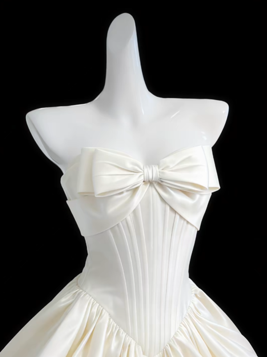 Pretty Ball Gown Strapless White Satin With Bow Senior Inspo Graduation Hoco Gowns Short Homecoming Dresses N4688