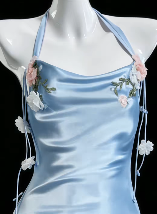 Romantic Mermaid Halter Blue Satin Ideas For Women 18th Birthday Dresses Holiday Summer Outfits N4694