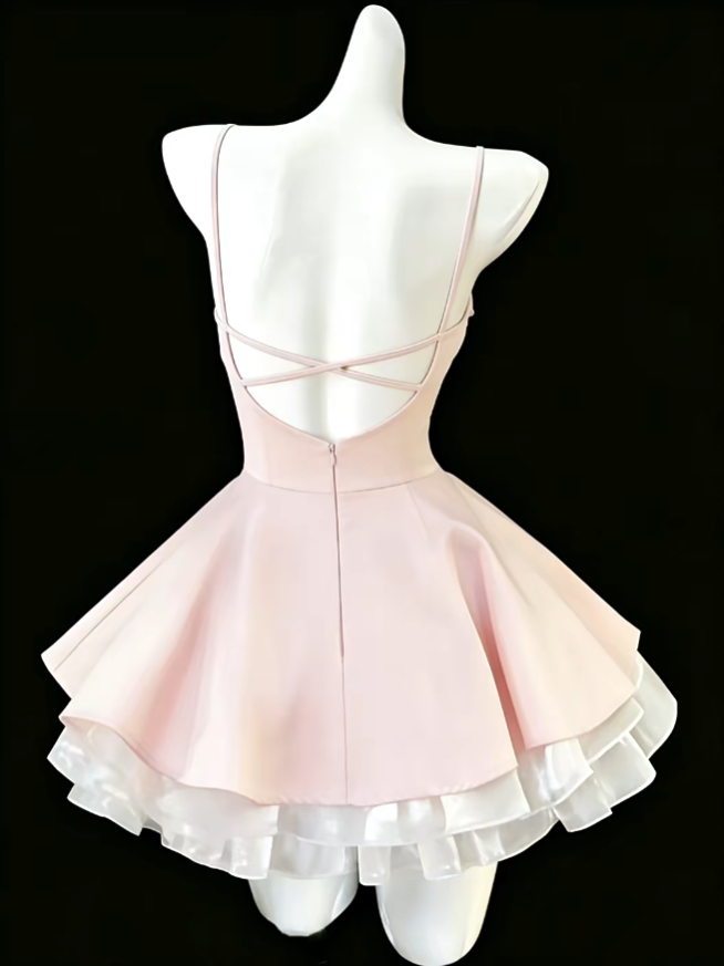 Jolie robe de bal courte, bretelles spaghetti, blanche et rose, pour la remise des diplômes ou le retour à la maison N4700