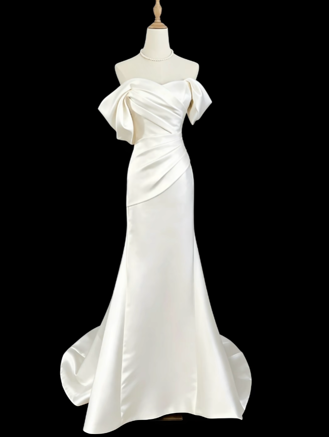 Simple Mermaid Off The Shoulder With Sleeves Satin Garden White Wedding Dress N4709