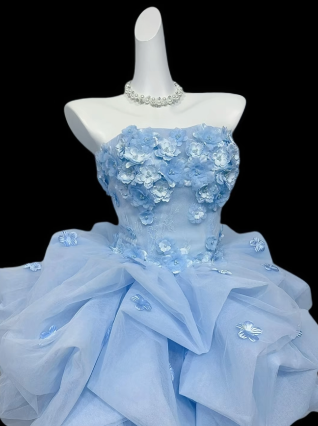 Unique Ball Gowns Strapless Light Sky Blue Tulle With 3D Flowers Mini Senior Short Hoco Gowns Homecoming Dresses N4719