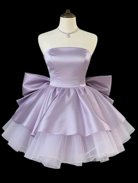 Unique Ball Gowns Strapless Lilac Satin With Bow-knot Mini Senior Short Hoco Gowns Homecoming Dresses N4721