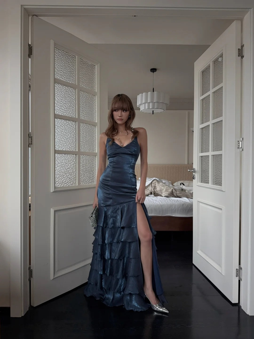 Verspieltes Meerjungfrauen-Spaghetti-Träger-Abendkleid, glitzernd, marineblau, langes formelles Geburtstagskleid N481