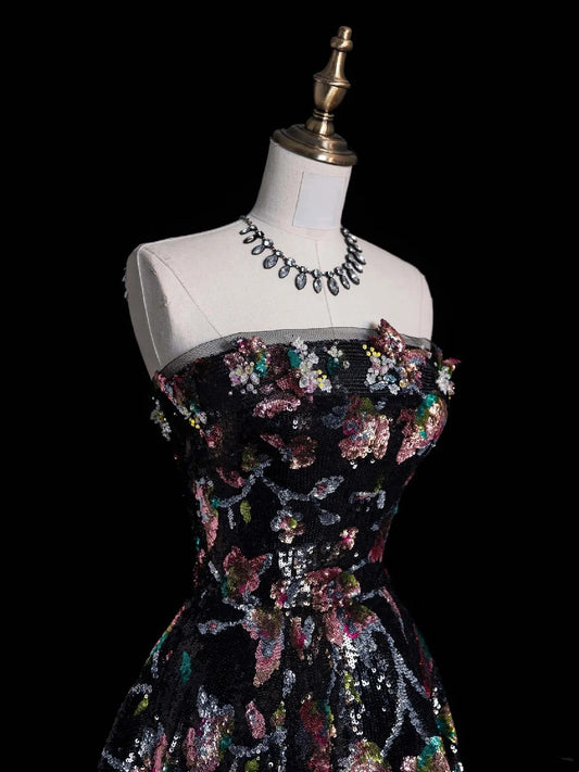 Whimsical Ball Gown Strapless Black Floral Sequin Pleated Bodice Long Prom Dresses Night Formal Dress N614
