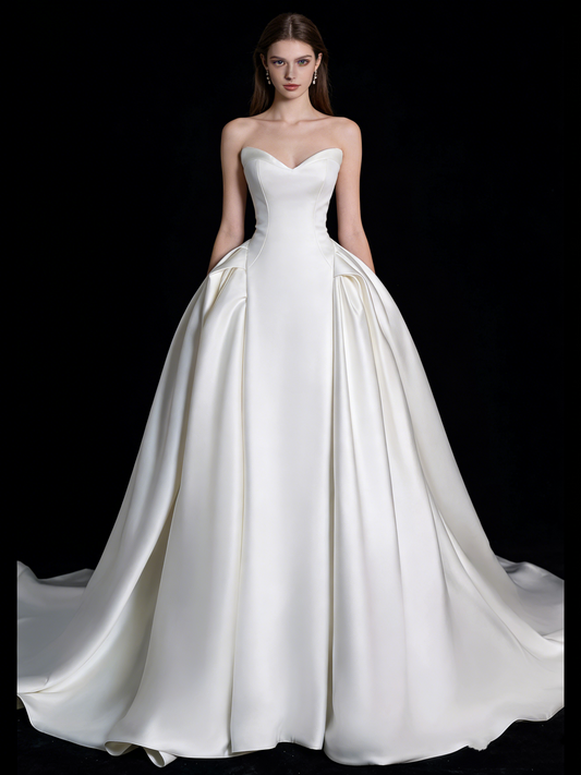Modest Ball Gown Sweetheart White Satin With Pleated Wedding Dress Long Fairytale Autumn Bridal Dresses N690