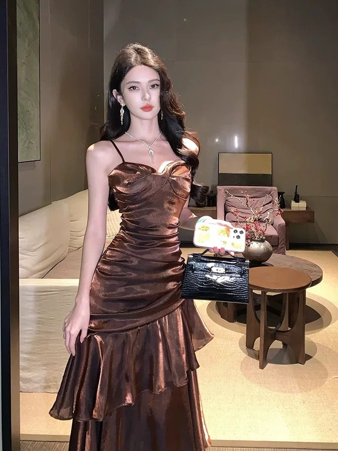 Robe de bal de fin d'année pour fille, style sirène, bleu ciel clair, bretelles spaghetti, NN829