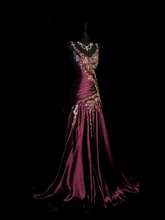 Chic Mermaid Spaghetti Strap Satin With Appliqued Long Party Dresses Prom Dresses Impress Wedding Guest Dress N916