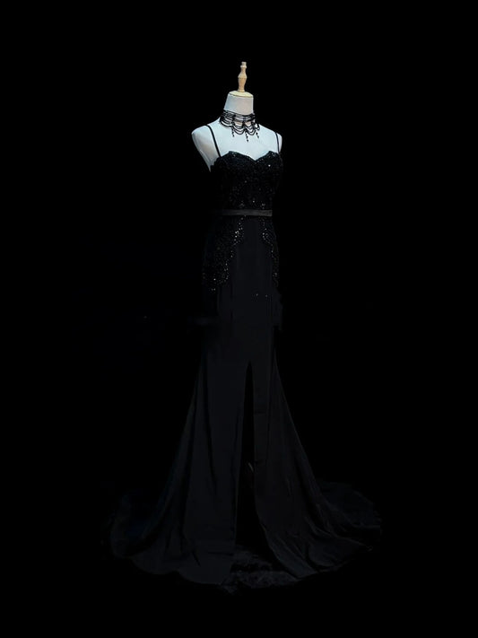 Chic Mermaid Spaghetti Strap Black With Beaded Appliques Long Party Dresses Prom Dresses Impress Wedding Guest Dress N918