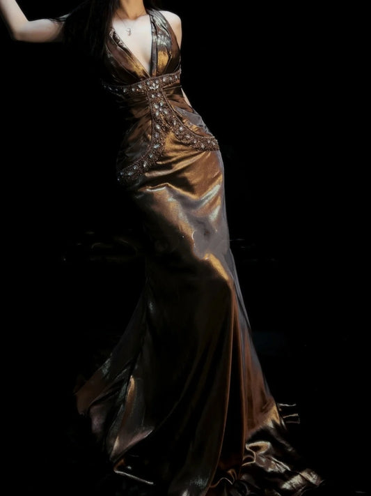 Vintage Mermaid Halter Satin With Beaded Gem Long Prom Dresses Party Dress 18th Birthday Outfits Graduation Dress N919