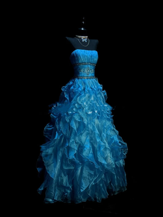 Modest Ball Gown Strapless Blue Organza Long Prom Dresses Party Dress 21st Birthday Outfits Graduation Gown N921