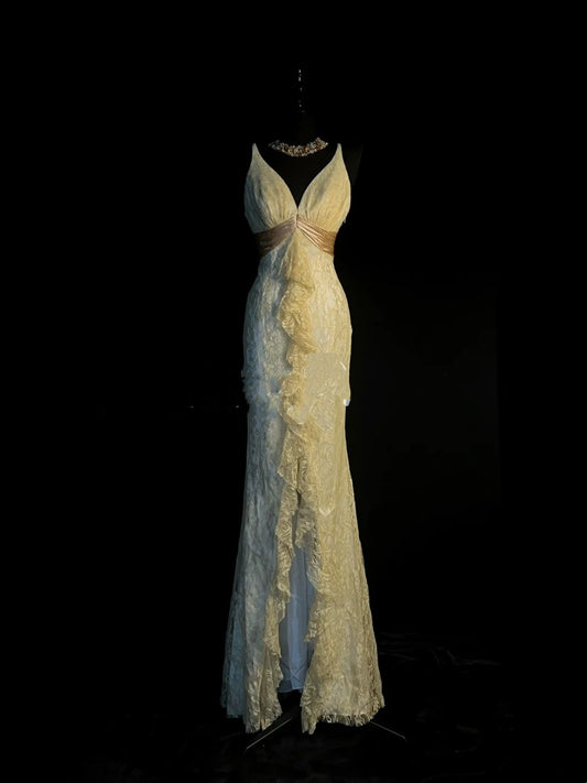 Chic Mermaid V Neck Yellow Lace Long Party Dresses Prom Dresses Impress Wedding Guest Dress N924