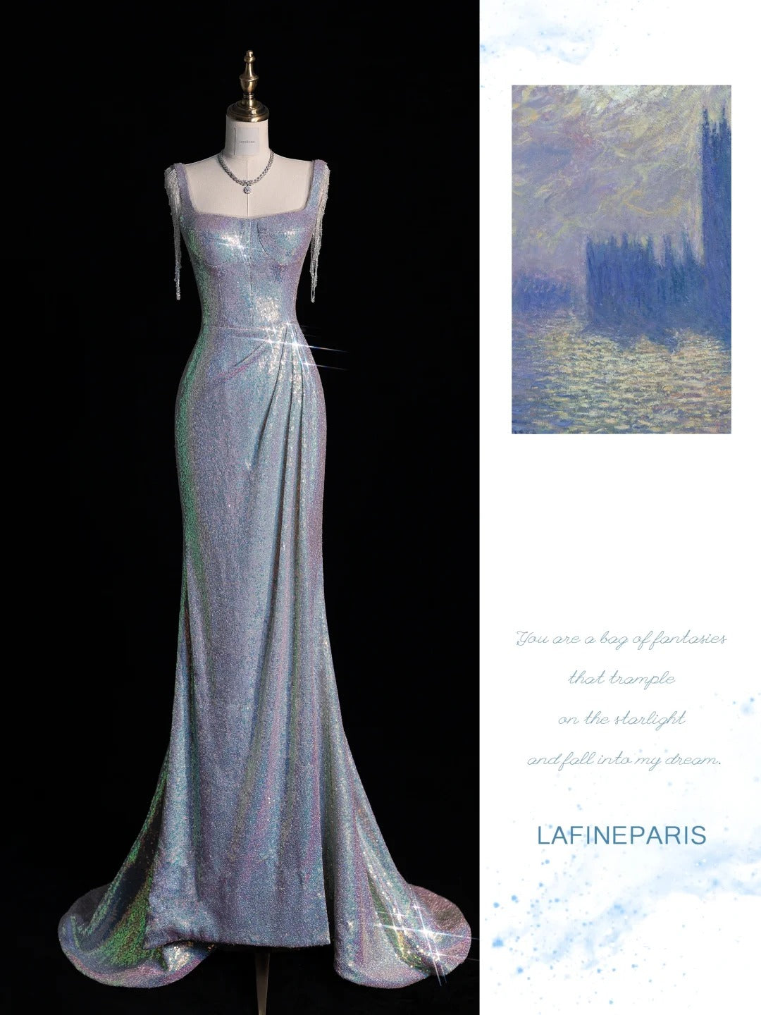 Funkelndes, langes Paillettenkleid im Meerjungfrauenstil mit eckigem Ausschnitt, blau, Inspiration für Outfits zum 19. Geburtstag, formelles Kleid N526
