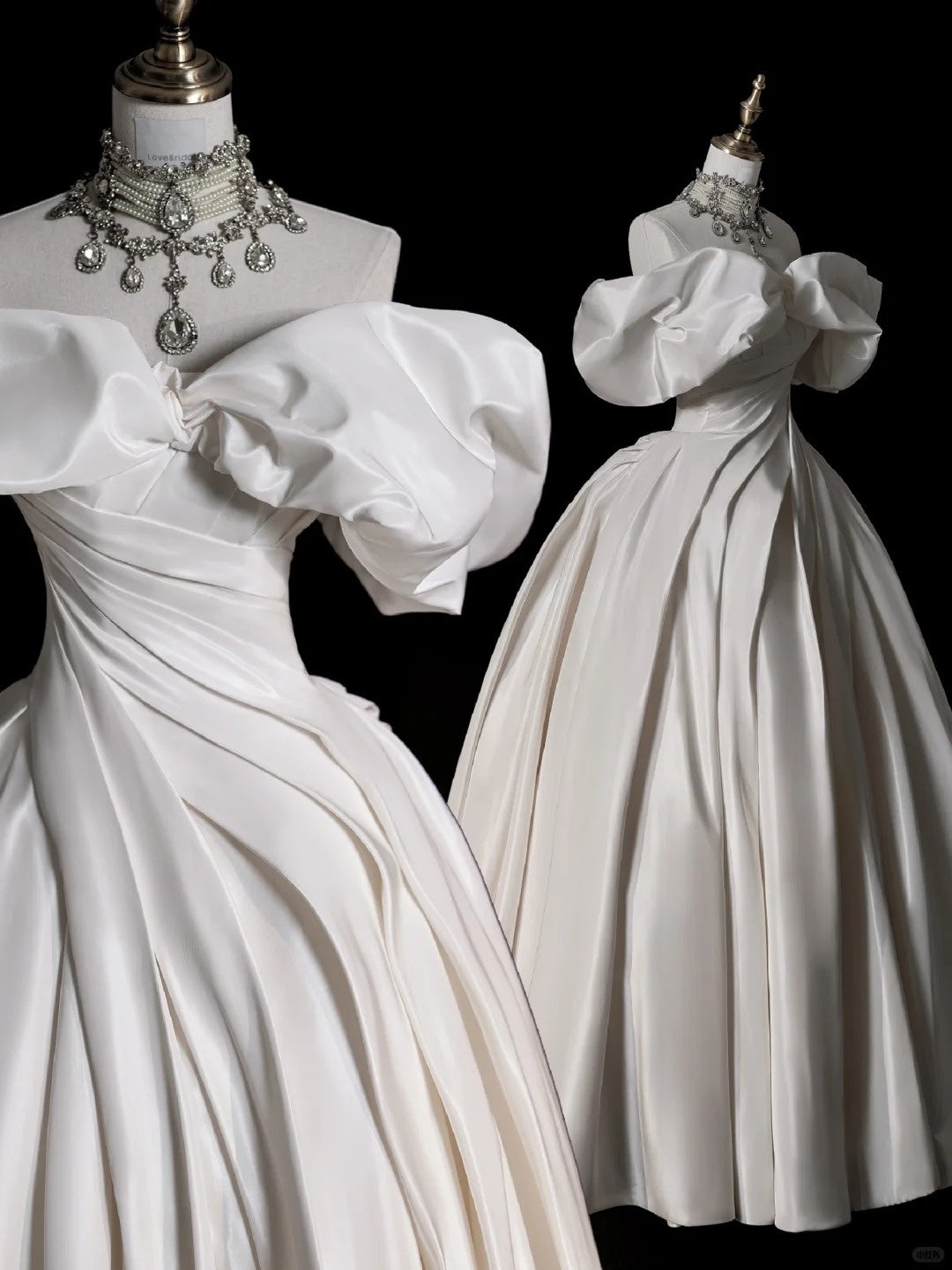 Elegantes, schulterfreies, weißes Satin-Hochzeitskleid, langes, märchenhaftes Herbsthochzeitskleid N512