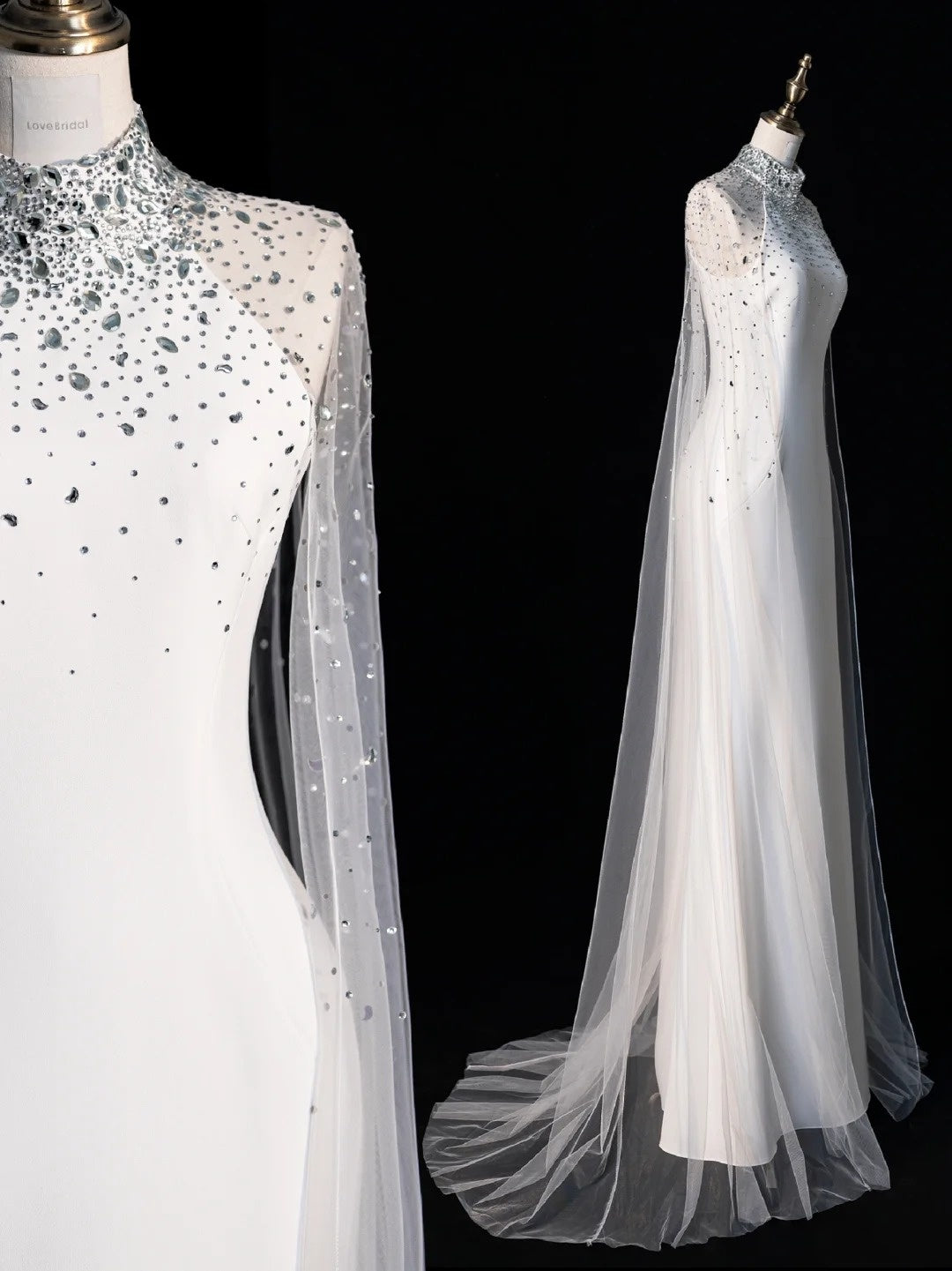 Elegantes Meerjungfrauen-Brautkleid aus weißem Satin mit hohem Kragen, Cape und langen Ärmeln – ein märchenhaftes Herbstkleid (N515)