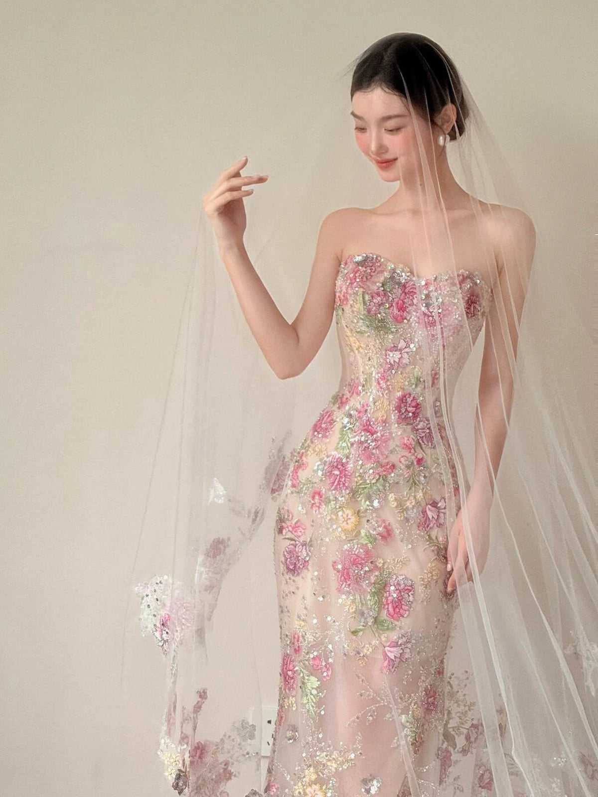 Elegantes, trägerloses, langes Meerjungfrauen-Abendkleid mit floraler Spitze, Abendgarderobe AB2201