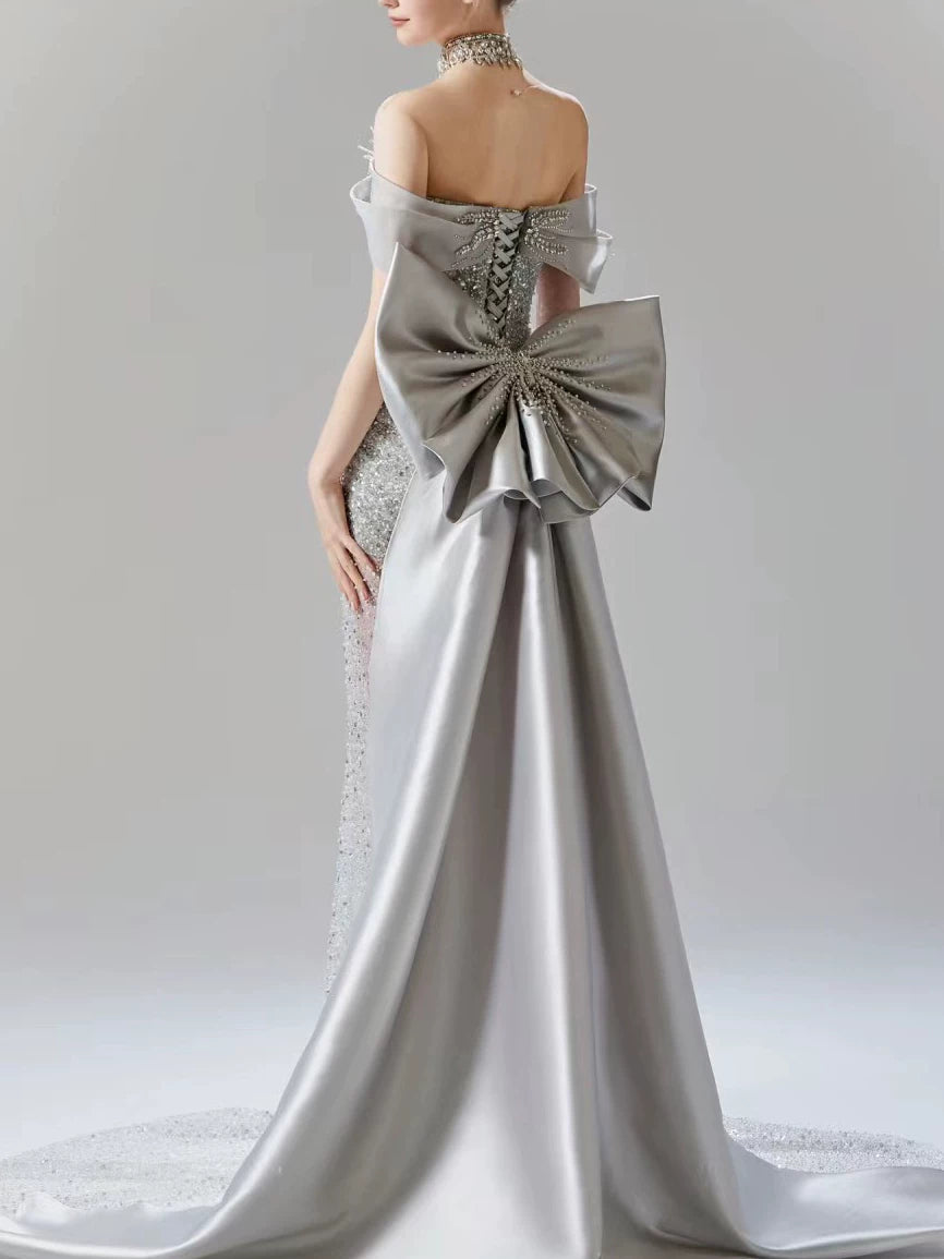 Vintage silbergraues Meerjungfrauen-Abendkleid, schulterfrei, perlenbesetzt, langes Partykleid, Geburtstagsoutfit AB2314