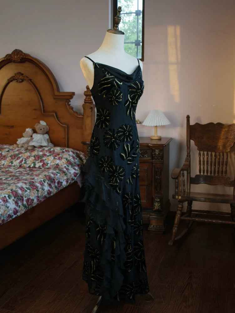 Vintage Meerjungfrauen-Abendkleid aus schwarzem Chiffon aus den 1960er Jahren – Inspiration für lange Partykleider und Outfits zum 18. Geburtstag AB2387