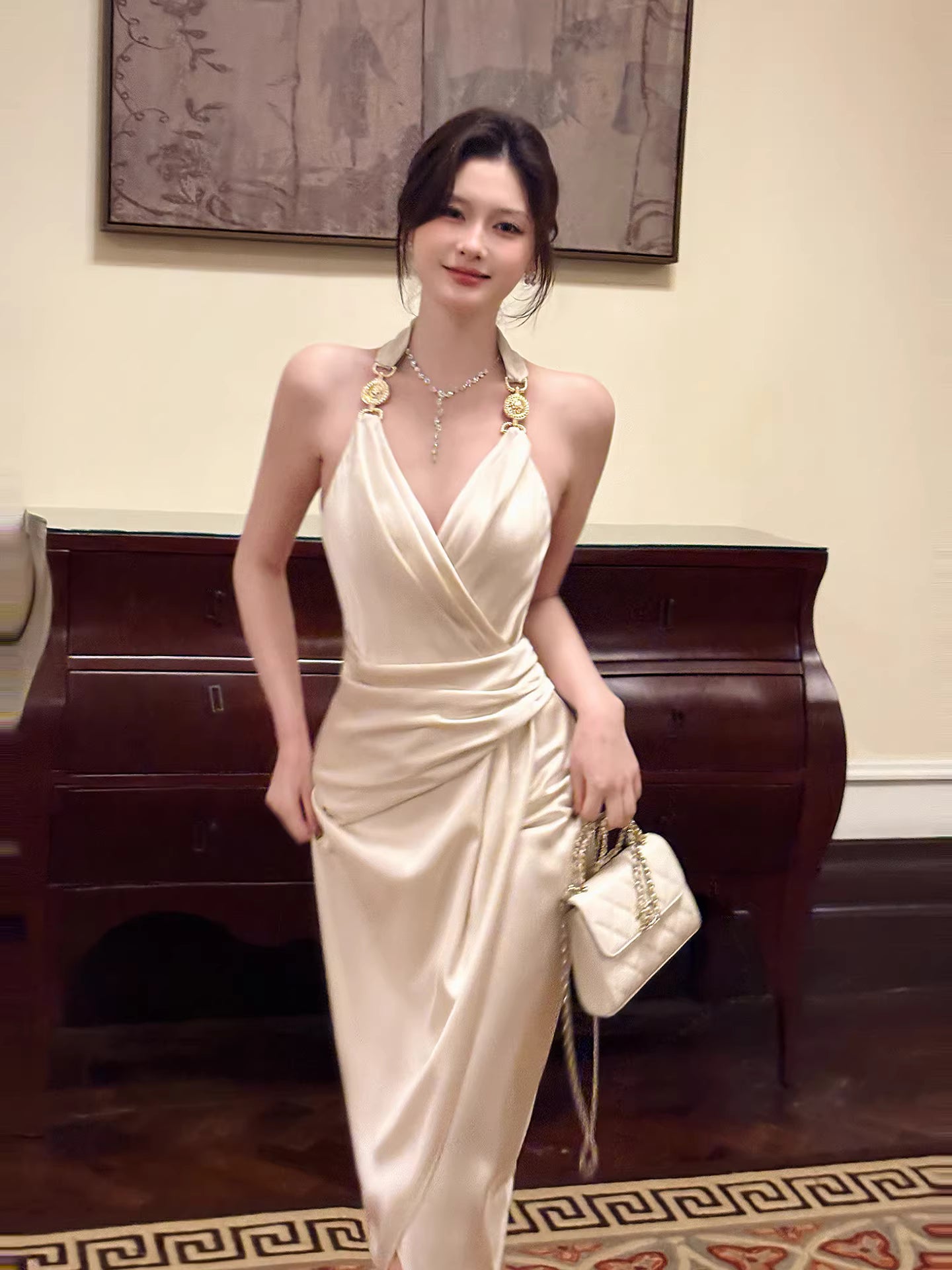 Modest Sheath Halter Ivory Satin Evening Dresses Wedding Guest Dress Nigh Dance 20th Birthday Outfits AB2500