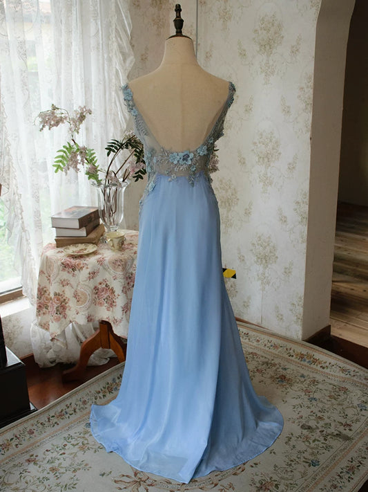 Vintage 90s Mermaid V Neck Chiffon Blue Long Prom Dresses Inspiration Party Retro Evening Dress 21st Birthday Outfits AB2376